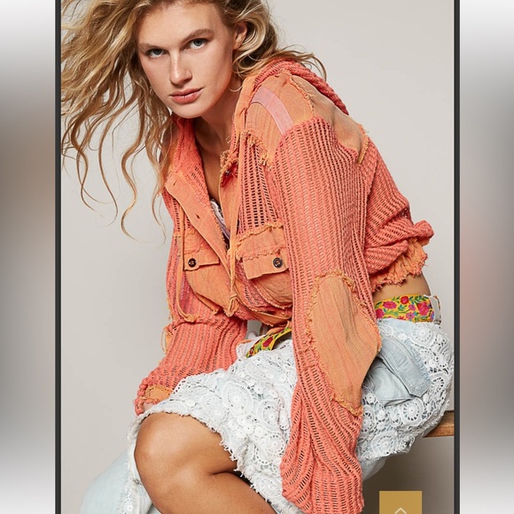 #256 🧡 Coral Open Knit Button-Up Hoodie Jacket - Picture 5 of 6